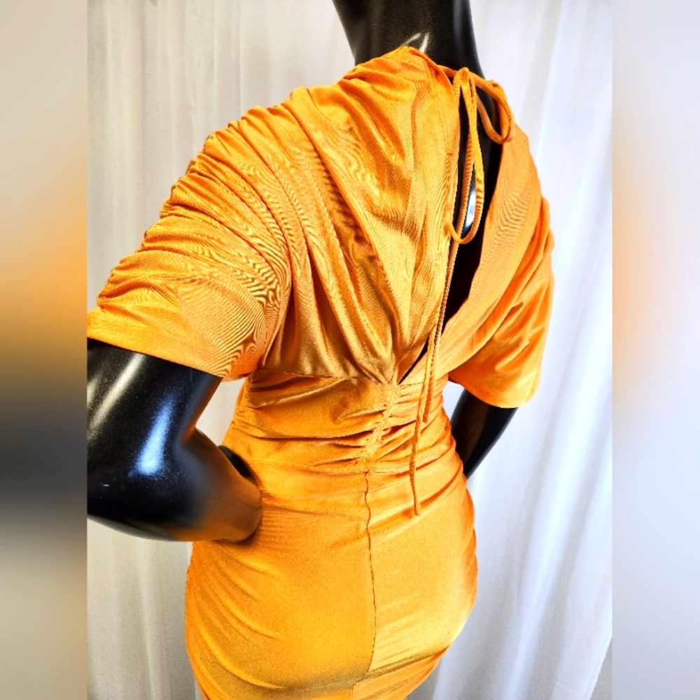 Elegant Ruched Dress In Mustard - Picture 12 of 15